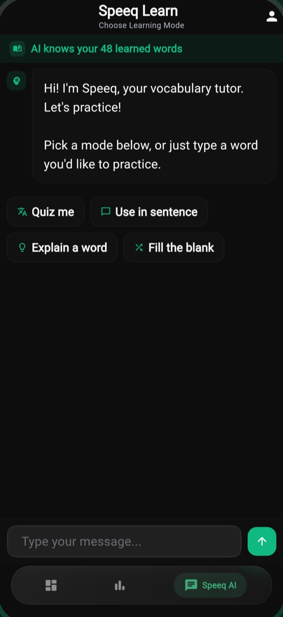 Speeq AI chat offering four modes: Quiz me, Use in sentence, Explain a word and Fill the blank.